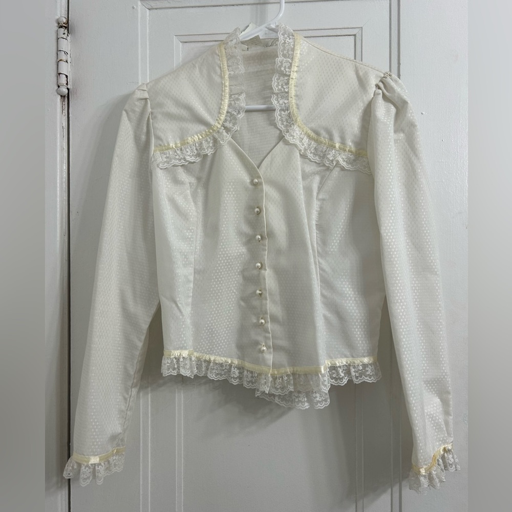 Vintage-Inspired Ivory Lace Trim Button-Front Blouse